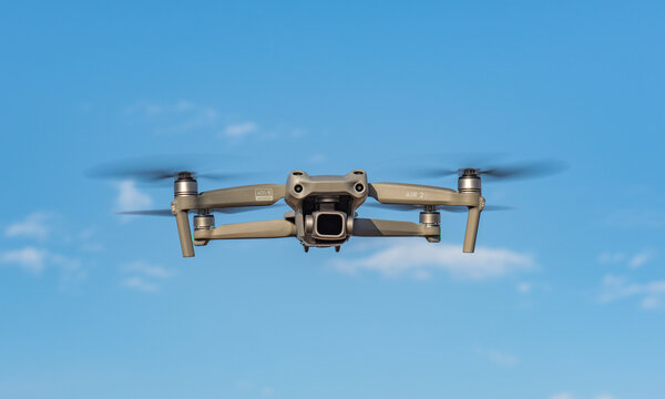 Istanbul, Turkey, March 3, 2023: DJI Air 2S Drone flying with blue sky background.