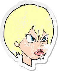 retro distressed sticker of a cartoon annoyed woman