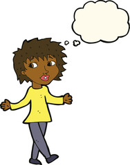 cartoon woman with no worries with thought bubble