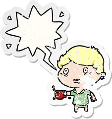 cartoon man jittery from drinking too much coffee and speech bubble distressed sticker