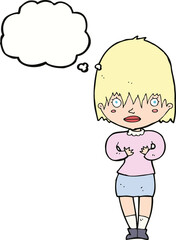 cartoon woman making Who Me? gesture with thought bubble