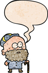 old cartoon man and walking stick and flat cap and speech bubble in retro texture style