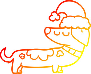 warm gradient line drawing cartoon dog wearing christmas hat