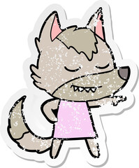 distressed sticker of a friendly cartoon wolf girl pointing