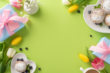 Naklejka na ściany i meble Make Mother's Day special with a beautiful top view flat lay of cupcakes, presents, and tulips arranged on a pastel green background with an empty space for your special message or greeting