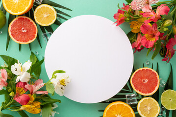 Fruity summer vibes concept. Top view flat lay of colorful alstroemeria flowers with ripe orange, grapefruit, lime, and lemon with palm leaves on pastel teal background with empty circle for promotion