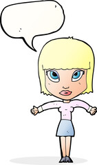 cartoon woman shrugging with speech bubble