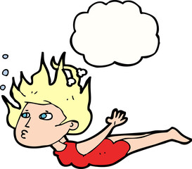 cartoon woman swimming underwater with thought bubble