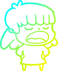 cold gradient line drawing cartoon woman talking loudly