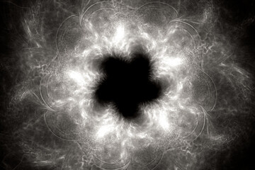 White pattern of crooked waves with a hole on a black background. Abstract fractal 3D rendering