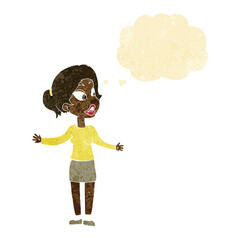 cartoon pretty woman explaining something with thought bubble