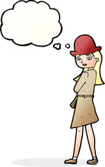 cartoon female spy with thought bubble