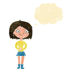 cartoon happy woman with thought bubble