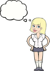 cartoon woman with hands on hips with thought bubble