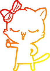 warm gradient line drawing cartoon cat with bow on head