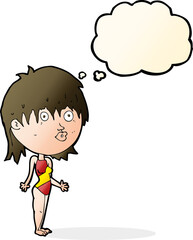 cartoon woman in swimsuit shrugging shoulders with thought bubble