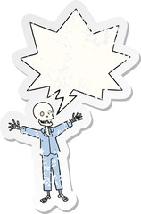 cartoon skeleton wearing pajamas and speech bubble distressed sticker