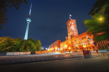 Berlin City Hall (Rotes Rathaus) and TV Tower (Fernsehturm) at night - Berlin, Germany © diegograndi