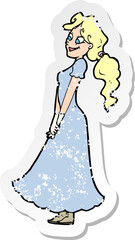retro distressed sticker of a cartoon pretty woman in dress