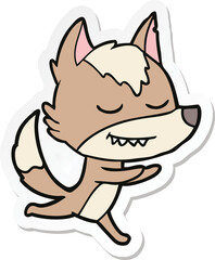 sticker of a friendly cartoon wolf running