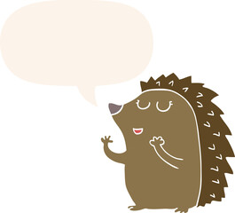 cartoon hedgehog and speech bubble in retro style