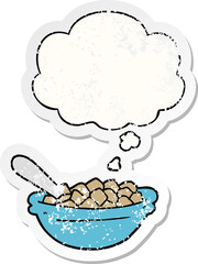 cartoon cereal bowl and thought bubble as a distressed worn sticker