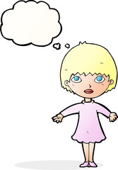 cartoon woman in dress with thought bubble