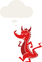 cartoon cute dragon and thought bubble in retro style