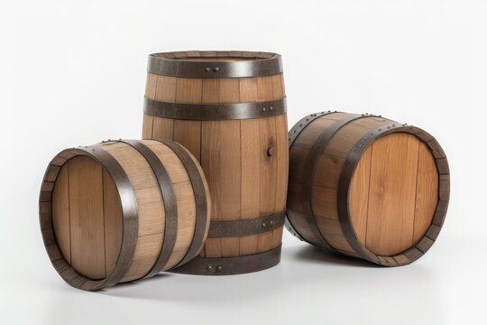 Wooden barrels for aging alcohol on a white background. Generative ai.