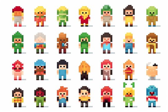 Many different pixel characters isolated on white background. Generative ai.