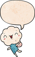 cute cartoon cloud head creature and speech bubble in retro texture style