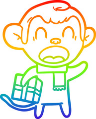 rainbow gradient line drawing shouting cartoon monkey carrying christmas gift