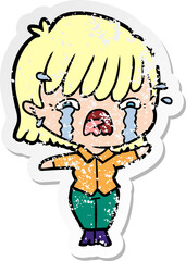 distressed sticker of a cartoon girl crying