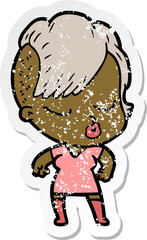 distressed sticker of a cartoon pretty hipster girl