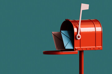 red mailbox with mails on blue background. 3D render