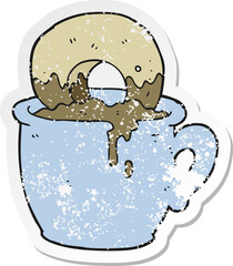 retro distressed sticker of a cartoon donut dunked in coffee
