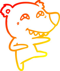 warm gradient line drawing cartoon bear showing teeth while dancing