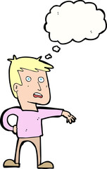 cartoon man making camp gesture with thought bubble
