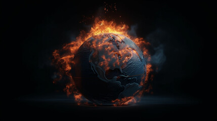 Earth Globe on Fire - Climate Change and Global Warming Concept on Dark Background - Generative AI