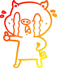 warm gradient line drawing crying pig cartoon