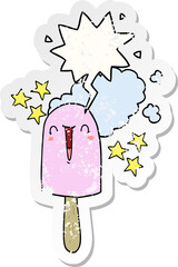 cute cartoon ice lolly and speech bubble distressed sticker