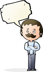 cartoon man with mustache with speech bubble