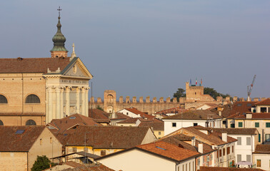 Skyline of the town of Cittadella, in Veneto region, Italy, with the church in the foreground and the medieval walls in the background