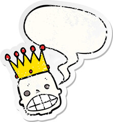cartoon spooky skull face and crown and speech bubble distressed sticker