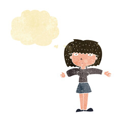 cartoon woman shrugging shoulders with thought bubble