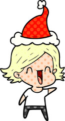 comic book style illustration of a happy woman wearing santa hat