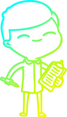 cold gradient line drawing cartoon smiling man with clip board