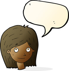 cartoon happy female face with speech bubble