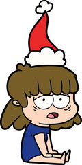 line drawing of a tired woman wearing santa hat
