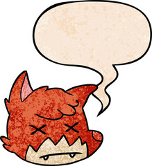 cartoon dead fox face and speech bubble in retro texture style